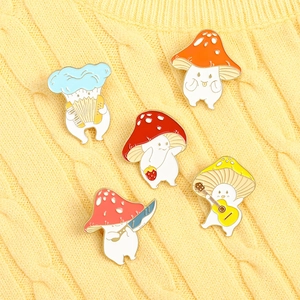 Macro shot of colorful cartoon enamel pins featuring musical and playful mushroom characters