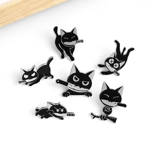 Set of six cute black cat enamel pins with knives for creative bag and clothing accessories