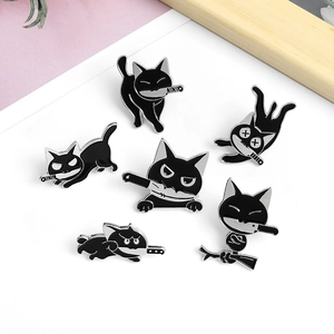 Cartoon Cute Black Cat Knife Alloy Enamel Brooch Pin Funny Kitten Animal Badge For Bags Clothing Fashion Accessory Gift