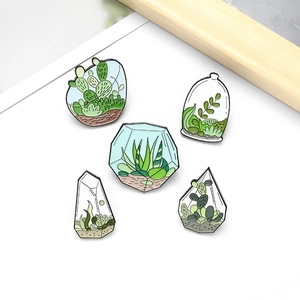 Set of 5 terrarium enamel pins featuring assorted green succulent and cactus designs