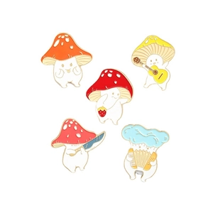 Set of 5 funny cartoon mushroom enamel pins featuring guitar and accordion musical designs