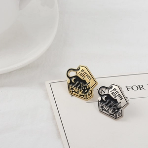 Punk black cat in box enamel pins with IF IT FITS I SITS slogan for clothing