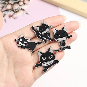 Creative black cat enamel pins set featuring ninja cats with swords for bags and clothes
