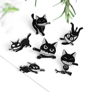Set of 6 cute black cat enamel pins with knives funny cartoon kitten badges for bags