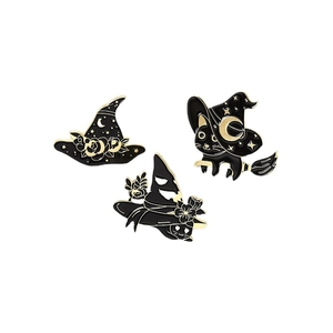 Three-piece Halloween enamel pin set with wizard hat, black cat on broom, and moon elements