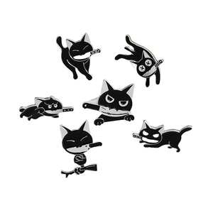 Set of 6 cute black cat enamel pins featuring funny cartoon cat with knife designs