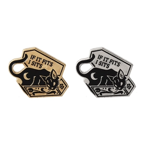 Punk black cat enamel pin set in gold and silver with If It Fits I Sits slogan