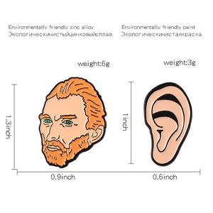 Detail view showing dimensions of Van Gogh and ear shaped enamel pins in zinc alloy