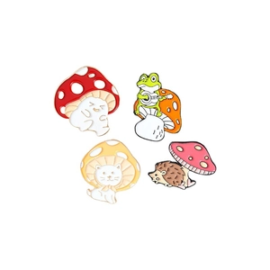 Set of 4 cute enamel mushroom pins featuring a cat, frog, and hedgehog on white background