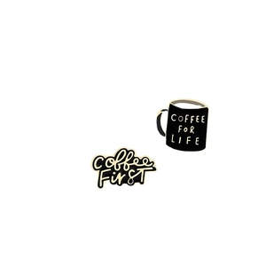 Cartoon coffee enamel pins set featuring Coffee For Life and Coffee First artistic designs