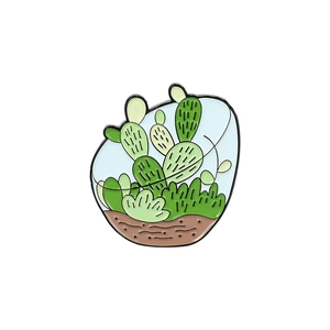 Cartoon Emaille Pin mit Kaktus-Terrarium Design im Glasgefäß Stil gestaltet