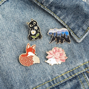 Japanese Cartoon Animal Enamel Brooch Pin Set Cute Fox Polar Bear Hedgehog Cat Badge For Clothes Bag Decoration Jewelry