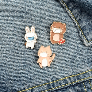 Cute Cartoon Masked Animal Enamel Brooch Pin Alloy Rabbit Bear Cat Badge For Clothing Bags Backpack Decoration Kids Gift