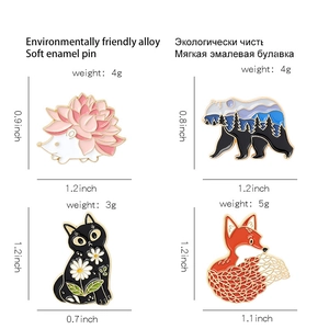 Japanese cartoon animal enamel pins featuring fox, bear, cat and hedgehog with size details