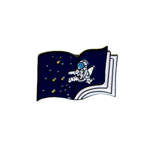 Creative alloy astronaut soaring above book enamel pin with a starry sky design