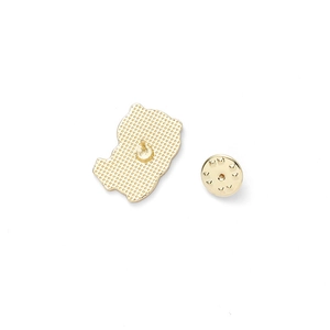 Back view of cute cartoon animal enamel pin with gold plating and butterfly clutch