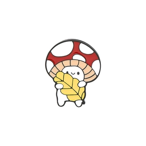 Broche champignon de dessin animé avec chapeau rouge et feuille dorée pour femme