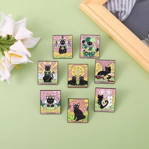 Detailed view of tarot card black cat enamel pins set featuring eight unique occult designs