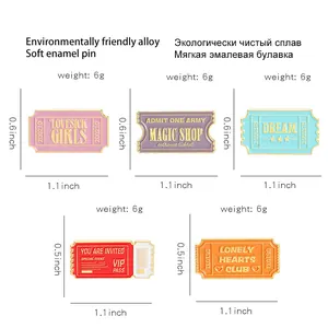 Size chart for colorful enamel ticket pins made of alloy showing weights and dimensions