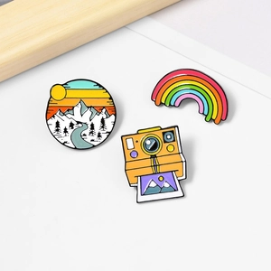 Cartoon Enamel Brooch Pin Rainbow Snow Mountain Camera Polaroid Badges For Clothes Bag Accessories Fashion Jewelry Decor