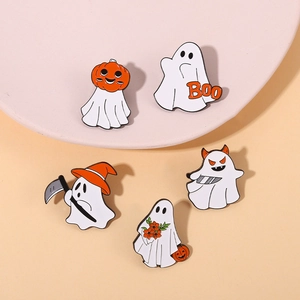 Detail of 5-piece Halloween ghost enamel pins with pumpkin and wizard hat designs