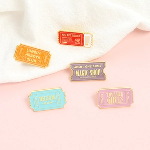 Five-piece colorful alloy enamel pins with creative stamp and ticket designs for backpacks