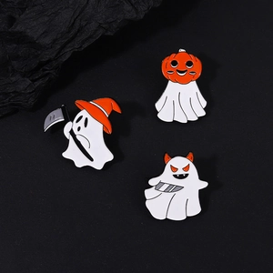 Three-piece Halloween enamel pin set with reaper, pumpkin ghost, and devil icons