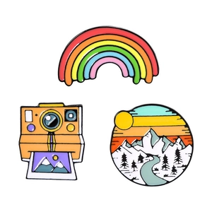 Rainbow, retro camera and mountain landscape enamel pins set for clothing and bags