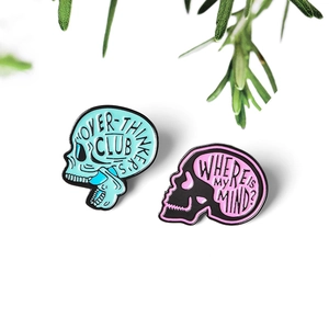 Punk style skull enamel pins with Over-Thinker's Club and Where Is My Mind quotes