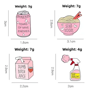 Set of four quirky pink enamel pins with size and weight specs for backpack decor