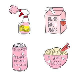 Pink cartoon enamel brooch pin set featuring strawberry milk, noodles, and spray bottle