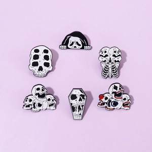 Lot de 6 broches émaillées Halloween crâne et squelette pour sacs et vêtements