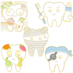 Cartoon tooth enamel pin set with toothbrush and pirate designs on white background