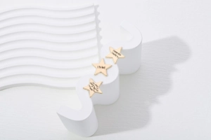 Detail showing star-shaped gold alloy pins with engraved text on minimalist podiums