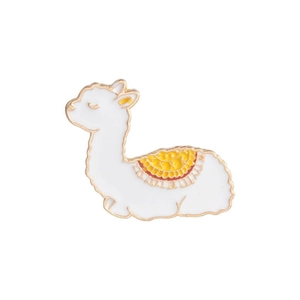 Broche en émail alpaga dessin animé avec corps blanc et bords en métal doré pour vêtement