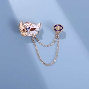 Detailed close-up of anime fox mask and cross star badge joined by golden chains