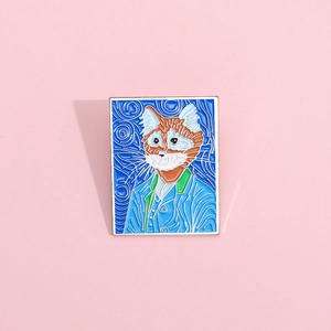Artistic enamel pin showing Van Gogh style cat portrait with starry night blue background