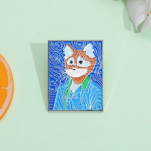 Artistic enamel pin featuring a cat dressed as Van Gogh against a starry night background