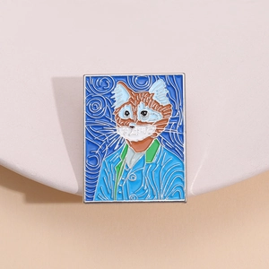 Detail of artistic Van Gogh style cat enamel brooch with blue starry sky patterns