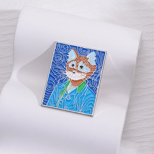 Detail of artistic enamel cat brooch with Van Gogh painting style and alloy texture