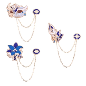 Anime game theme alloy chain brooch set with blue mask floral and wing charms