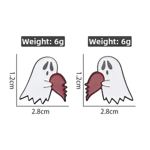 Detail showing dimensions of white enamel ghost pins with red heart for Halloween