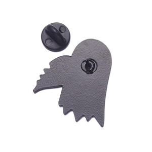 Detail view of matte black metal heart brooch back with rubber clutch fastener