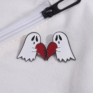 Halloween cartoon white ghost pins holding broken red heart for couple accessories