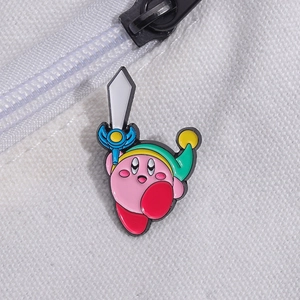 Pink cartoon character metal enamel pin with sword on a white canvas backpack