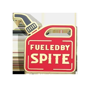 Creative red gas can enamel pin with gold lettering fueled by spite for backpacks