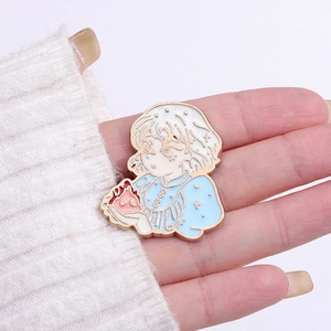 Anime girl holding fire spirit enamel pin badge made of gold plated zinc alloy metal