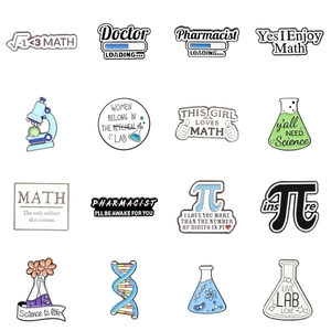 Set of 16 science enamel pins featuring DNA, microscope, and lab theme designs