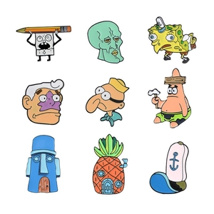 Detailed grid of nine cartoon enamel pins featuring iconic characters and houses