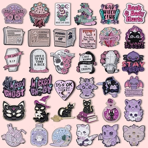 Halloween Enamel Pins Magic Cat Potion Bottle Tombstone Gothic Witchcraft Badges Alloy Cartoon Witch Brooch Jewelry Gifts